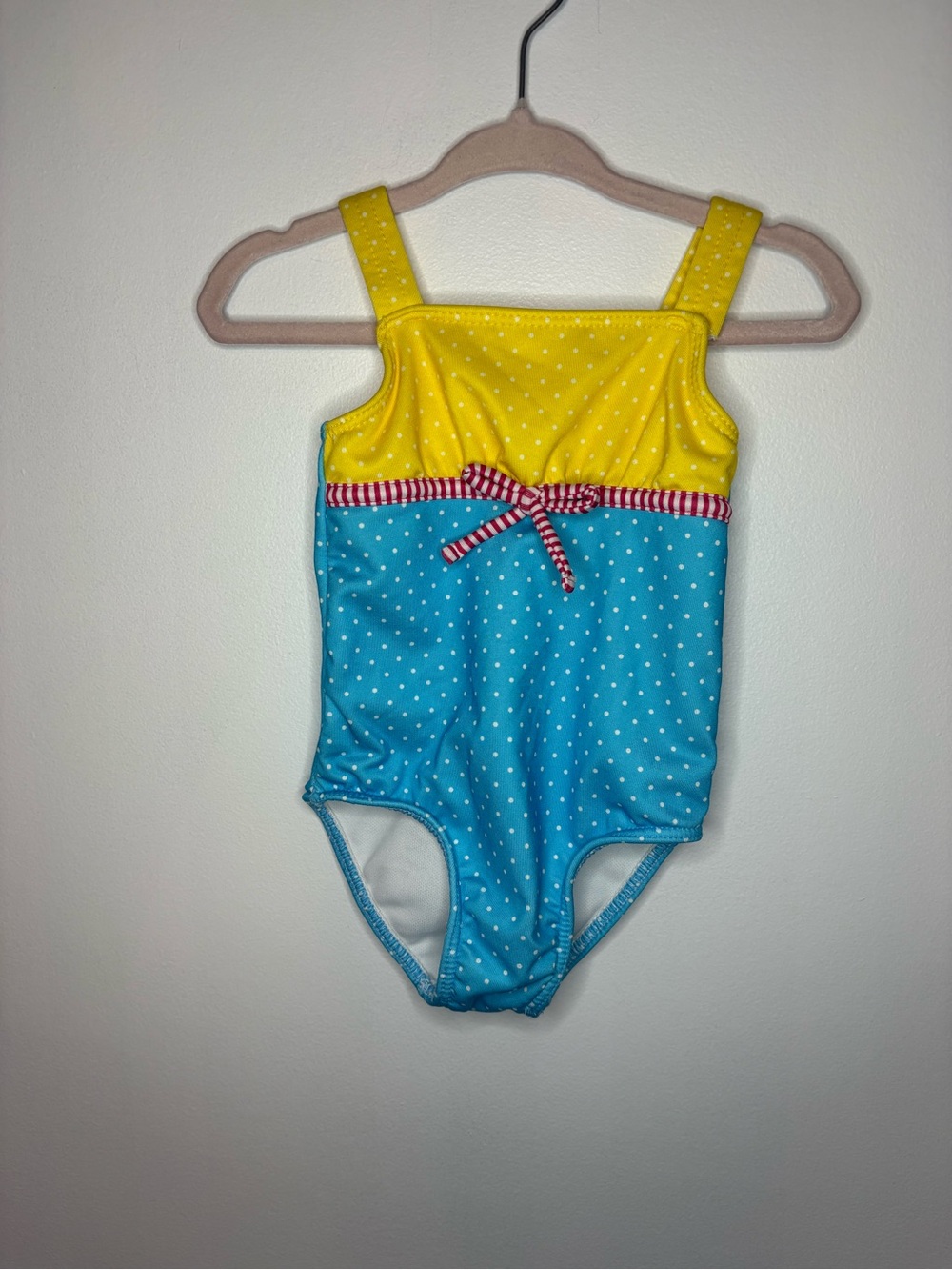 Girls Yellow & Blue Polka Dot One-Piece Swimsuit with Bow